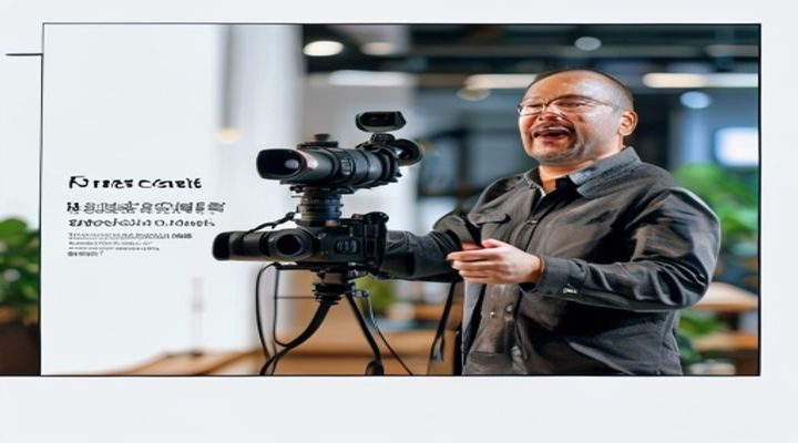 探花在线专题视频课程封面画面，讲师在录播室内对着摄像机讲解内容运营策略，背景整洁专业
