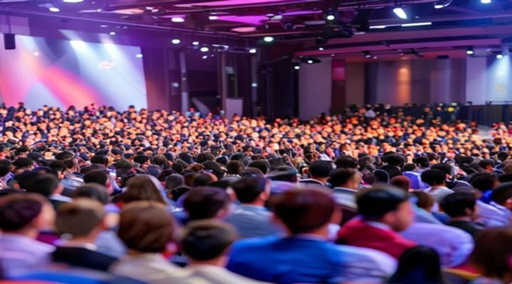 探花在线2026年度内容峰会直播现场，主持人正在台上发表演讲，台下观众认真聆听，氛围热烈专业